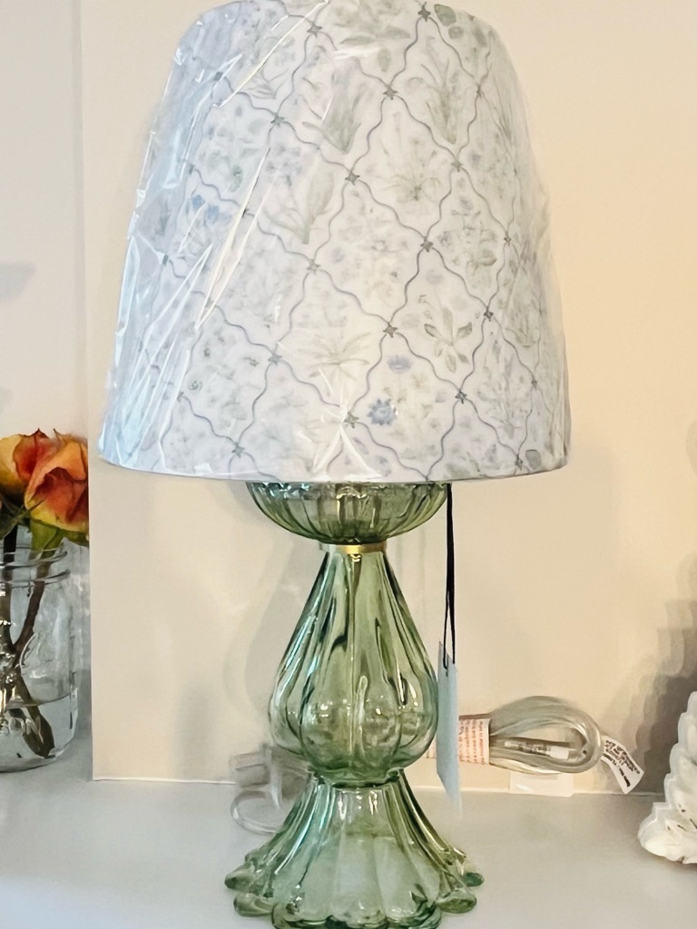 🆕- Green Glass Table Lamp with Patterned White Shade